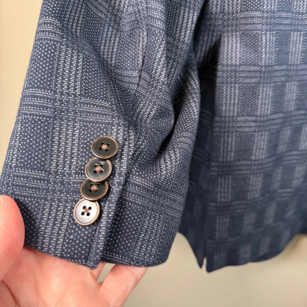 UnTuckit Blue Windowpane Plaid Cotton Blend Blazer 44R Office Business Casual